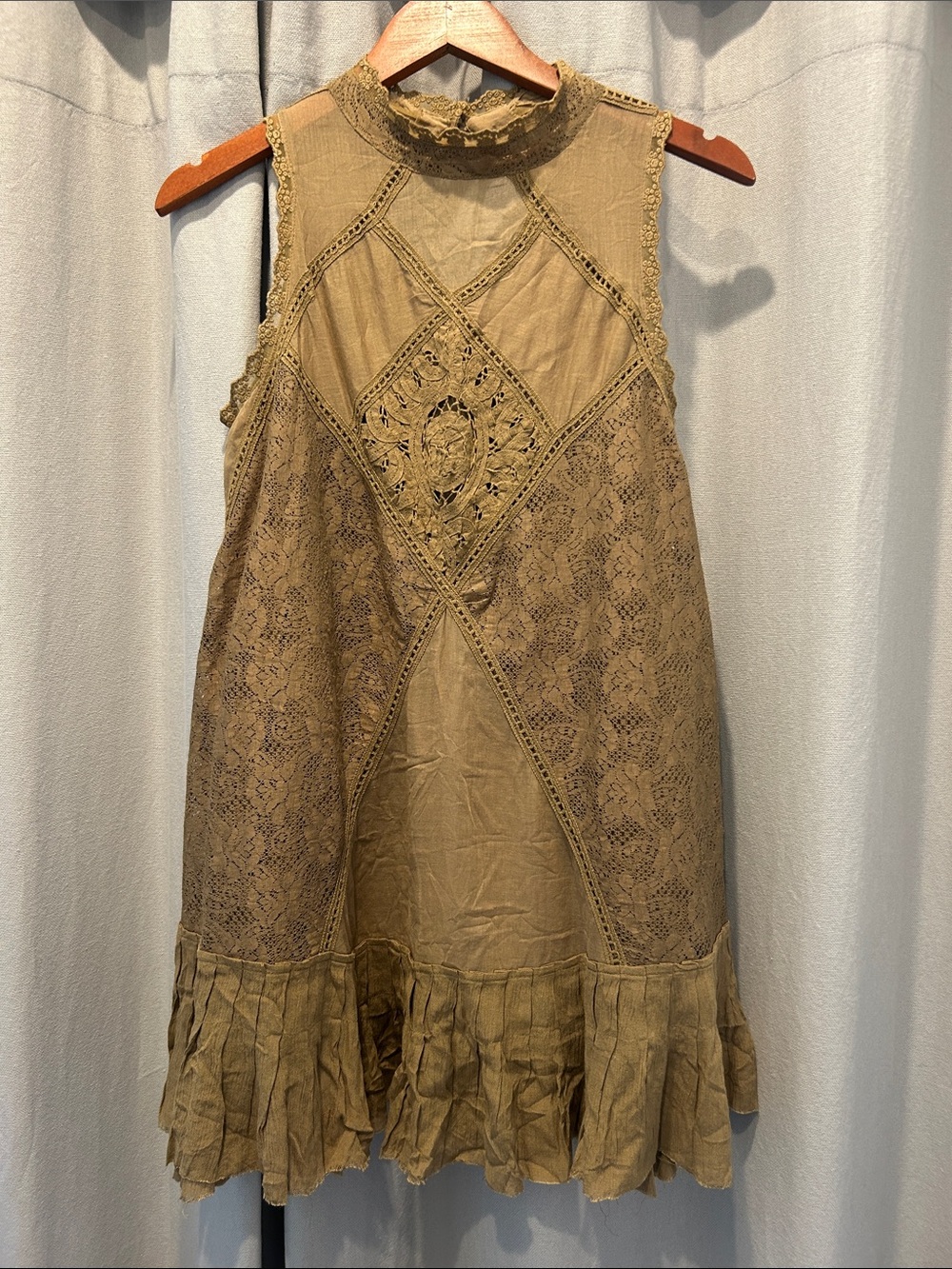 Free people Lace Trim Ruffle Hem Dress in Olive Brown